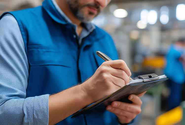 A supervisor walks manufacturing floor with clipboard checking q