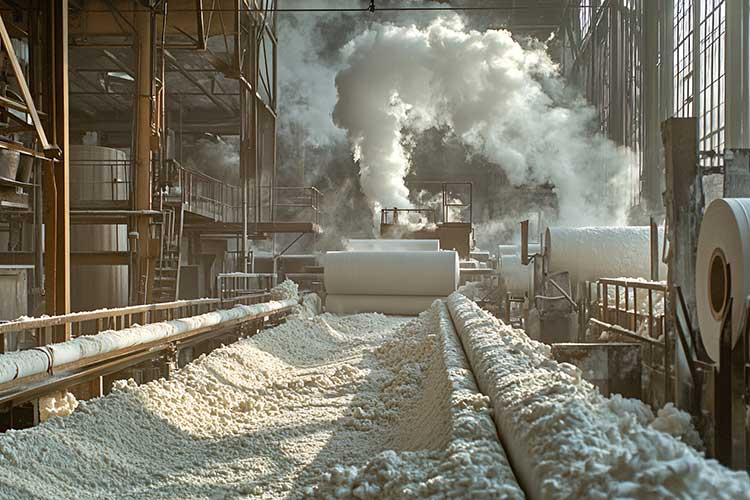 A paper mill processing wood pulp into paper rolls.