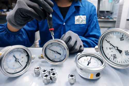 Instrument technician is fixing pressure guages. Engineer check
