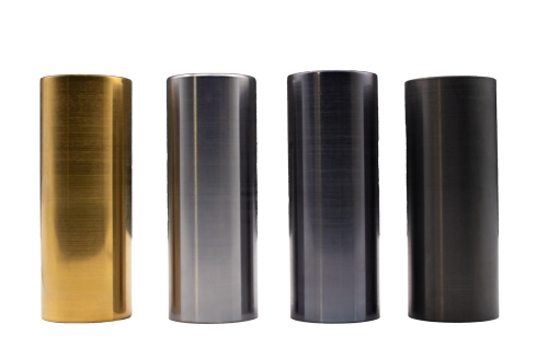 Four cylindrical samples displaying gold, silver, charcoal and black PVD coating finishes